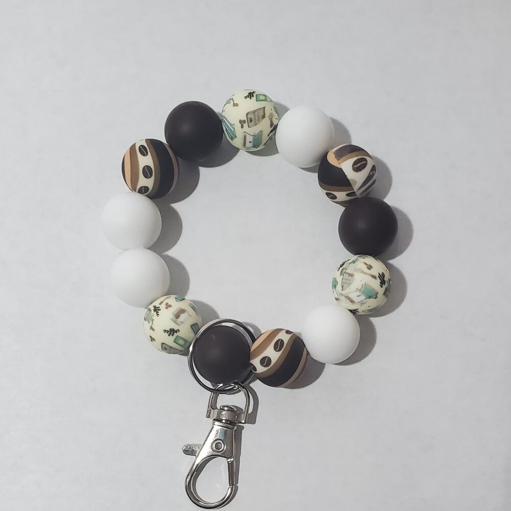 Handmade Coffee Lover Silicone Bead Keychain Bracelet – Stretch Wristlet with Cl